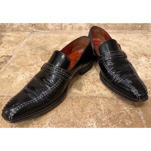 Mens Black Leather Loafers With Stitch Detailing & Decorative Strap Size 9.5